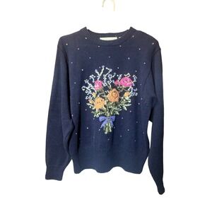 Bramble Lane Vintage Navy Flower Bouquet Polka Dots 90s Grandmacore Sweater